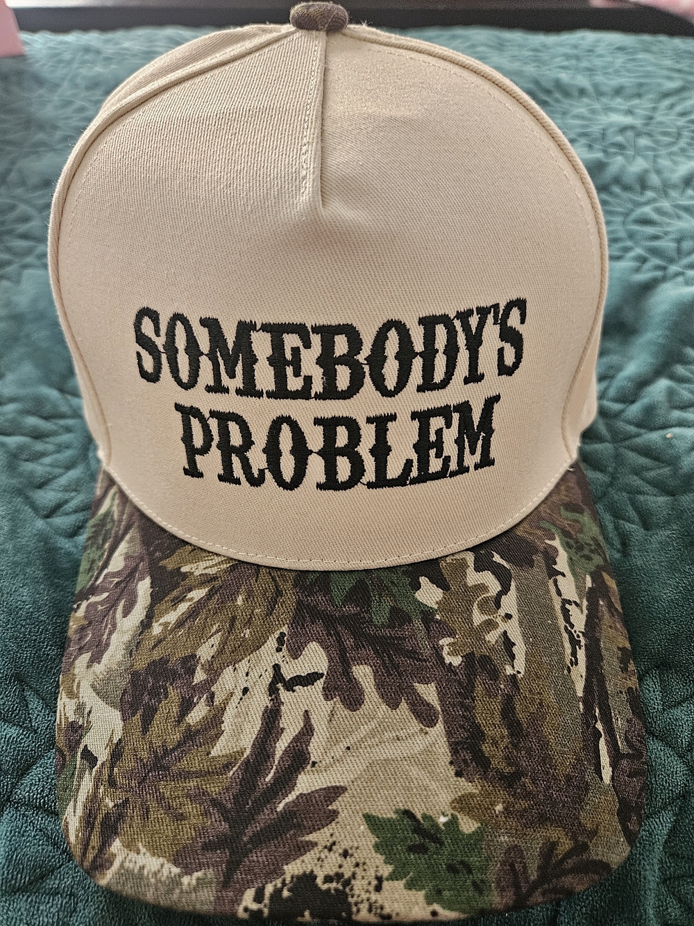 Somebody's Problem Beige & Camo Trucker Cap